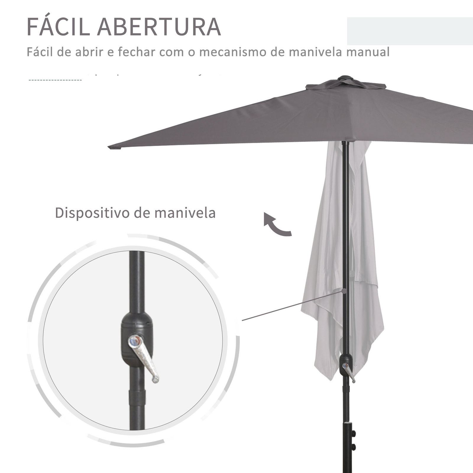 Guarda-sol retangular 230x130x245 cm para parede com manivela, proteção UV 30+, impermeável, tecido de poliéster 180 g/m² para varanda, terraço e jardim - cinzento