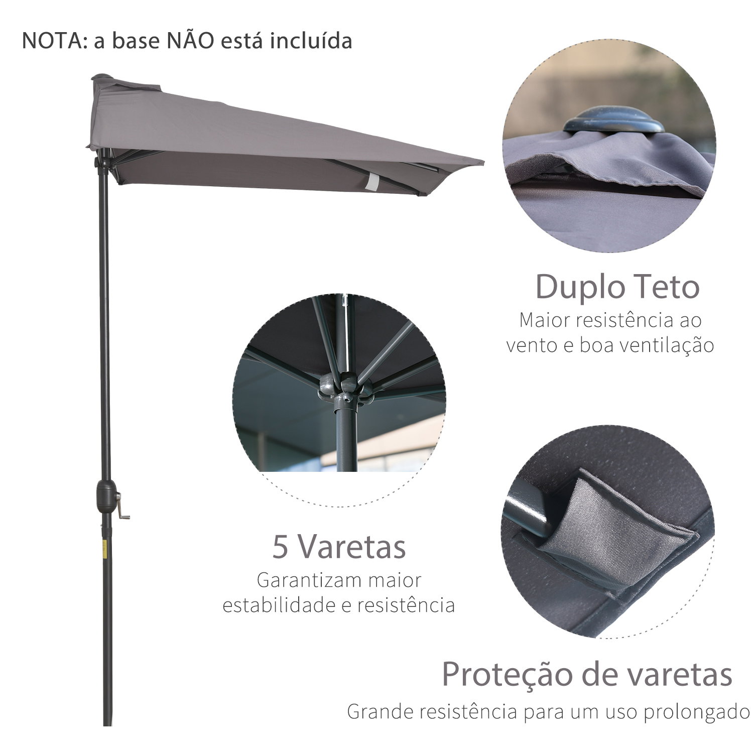 Guarda-sol retangular 230x130x245 cm para parede com manivela, proteção UV 30+, impermeável, tecido de poliéster 180 g/m² para varanda, terraço e jardim - cinzento
