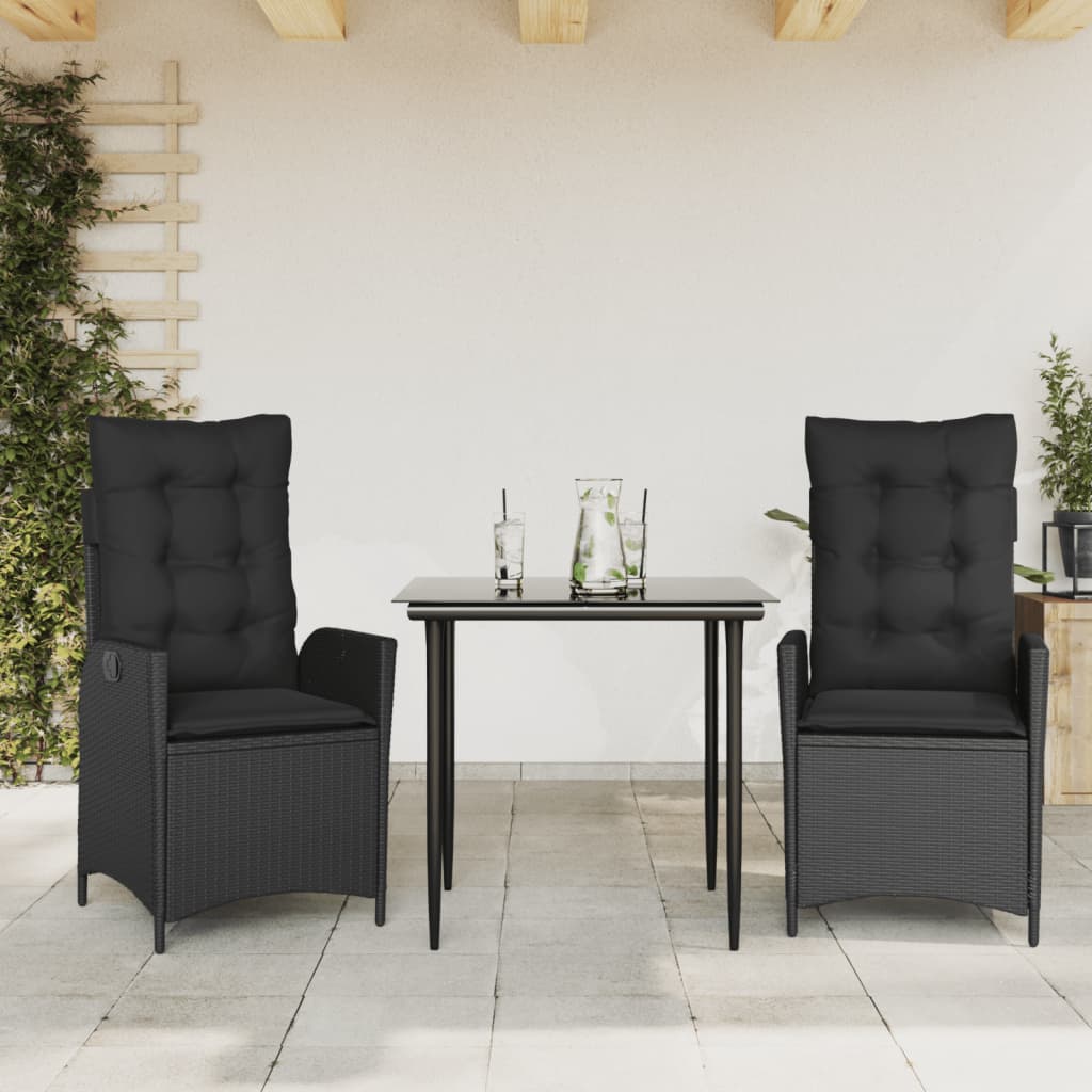 3 Pcs conjunto de jantar p/ jardim c/ almofadões vime PE preto