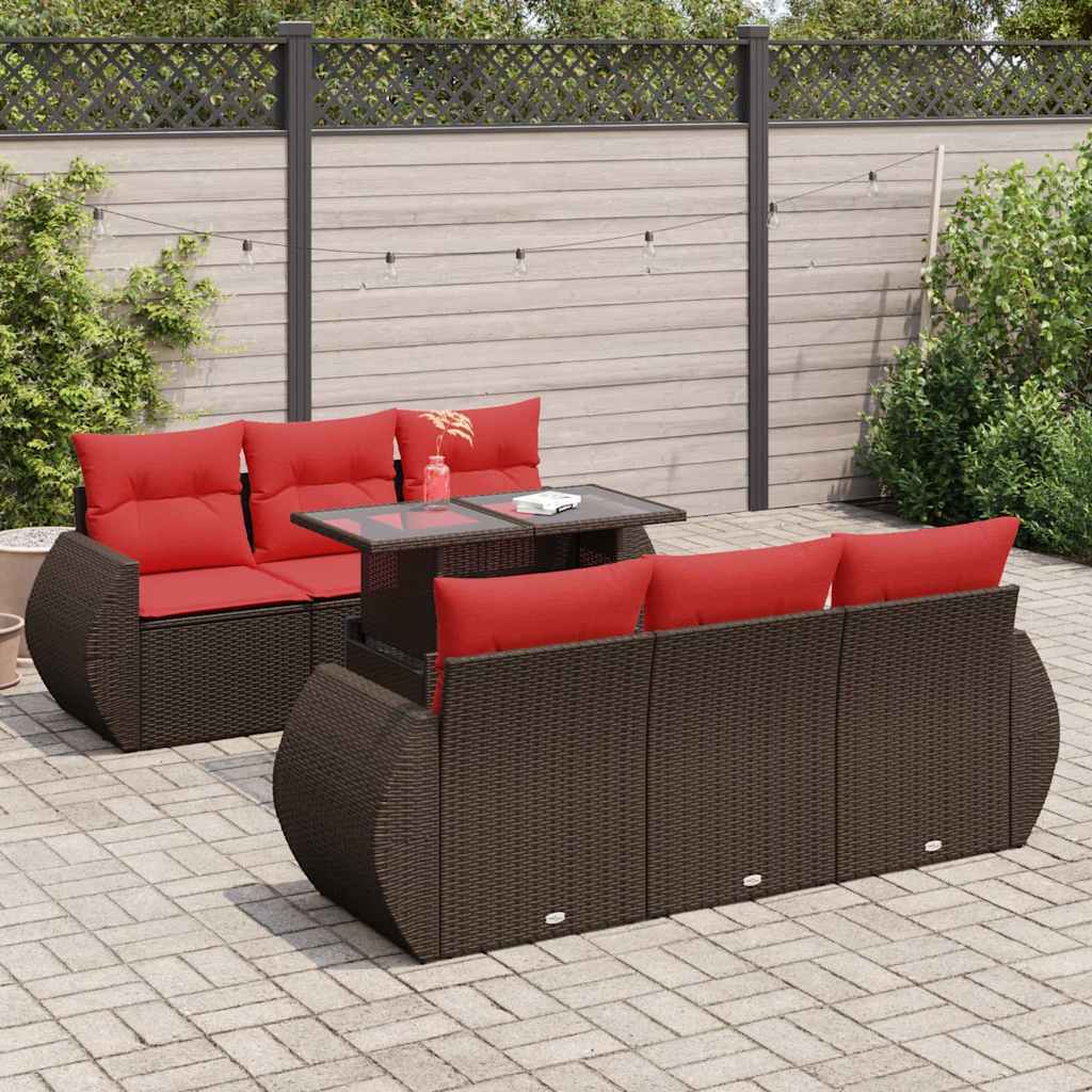 7 Pcs conj. sofás jardim c/ almofadões vime PE/acácia castanho