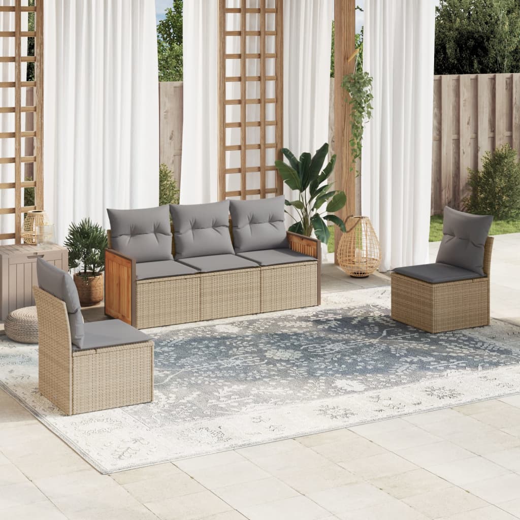 5 Pcs conjunto de sofás p/ jardim com almofadões vime PE bege