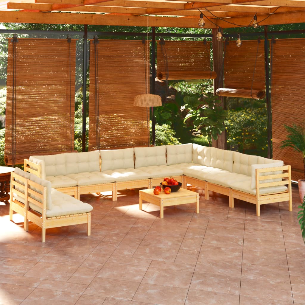 11 Pcs conjunto lounge jardim c/ almofadões creme pinho maciço