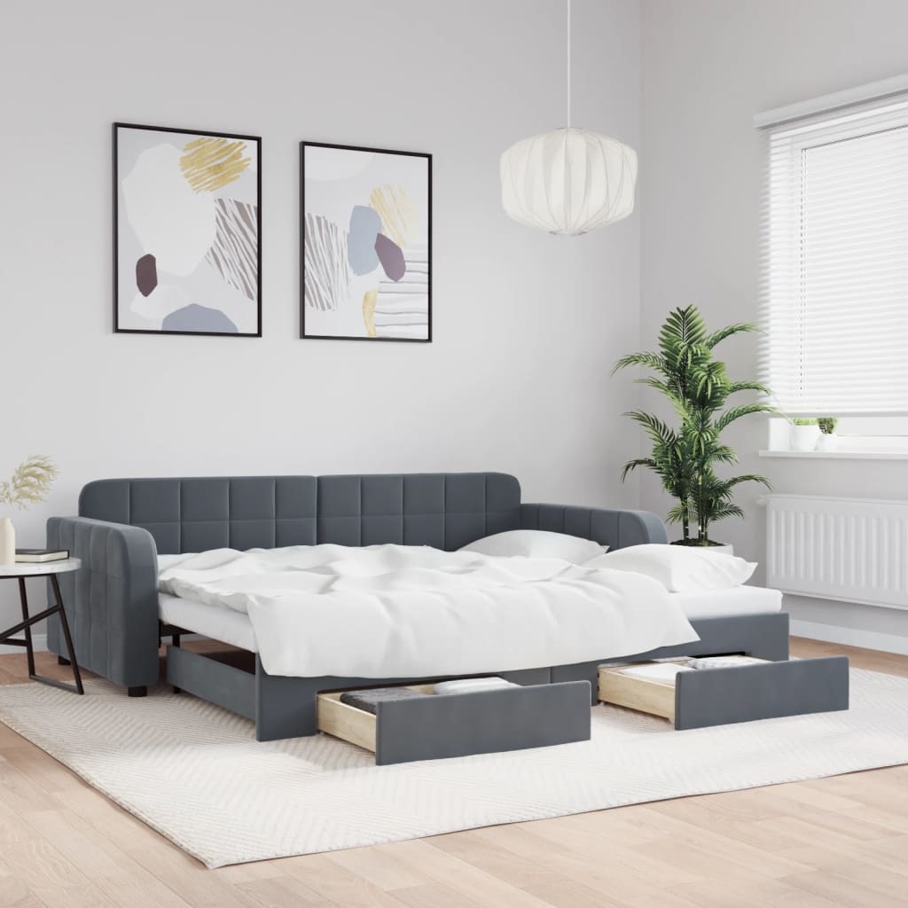 Sofá-cama c/ gavetão e gavetas 90x200 cm veludo cinzento-escuro