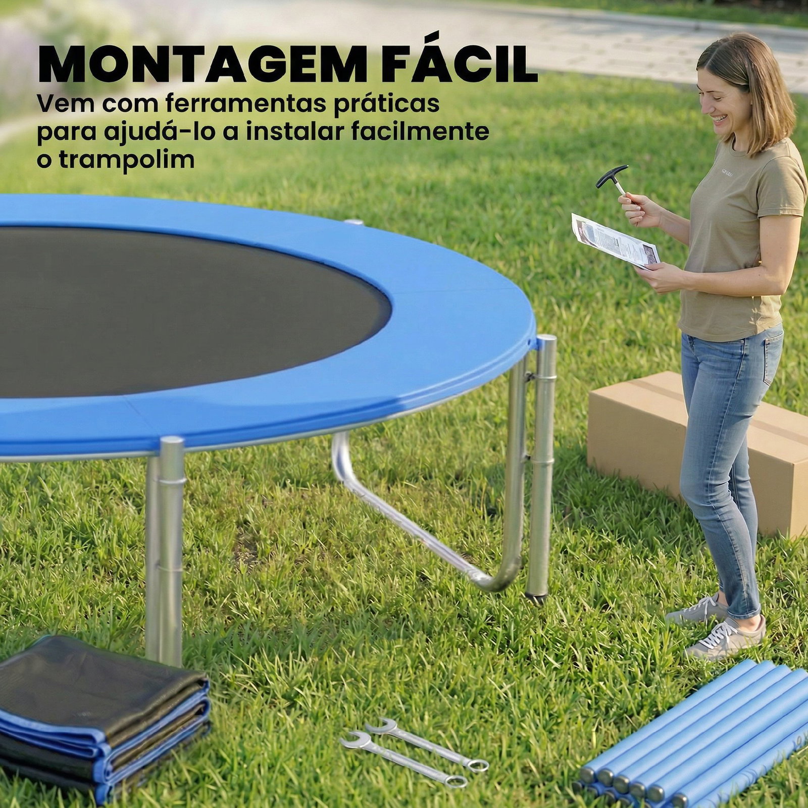 Trampolim para crianças exterior ø366 cm com rede de segurança escada acolchoamento de molas azul