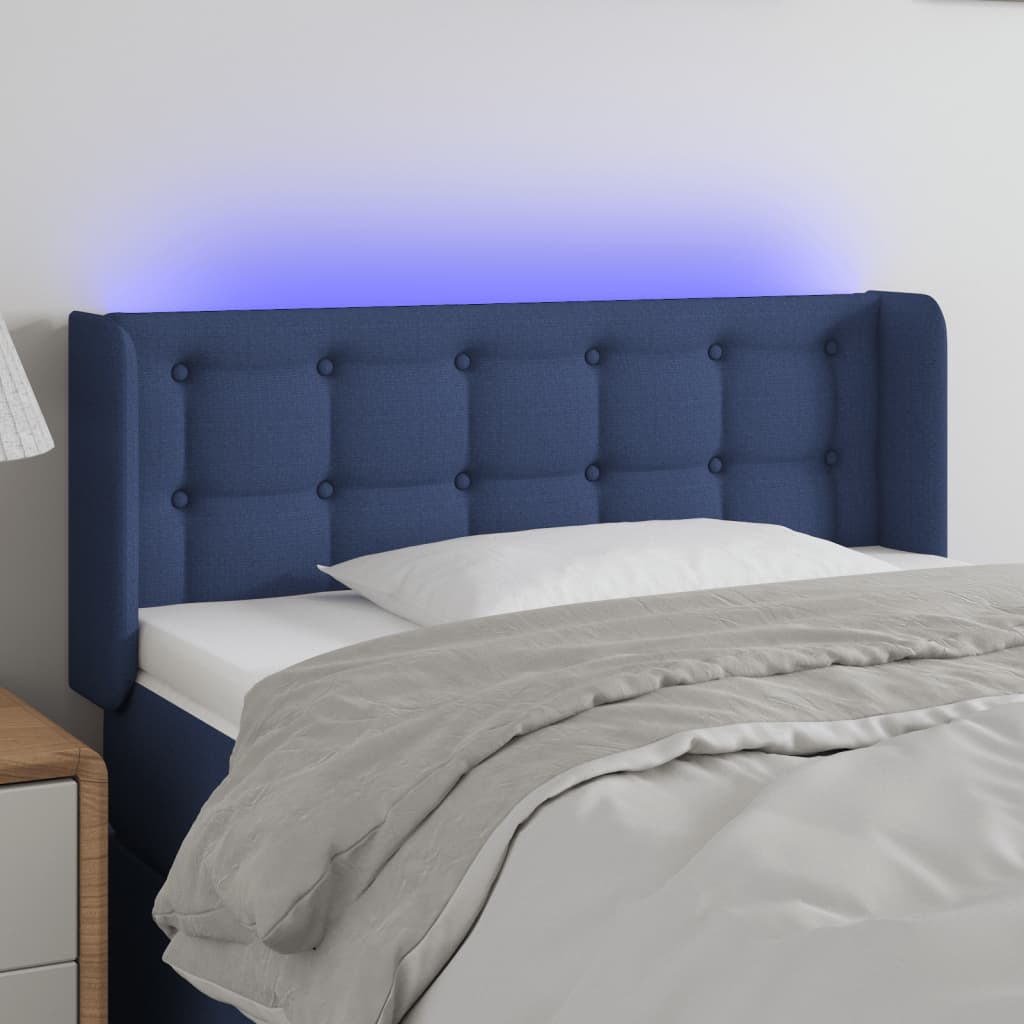 Cabeceira de cama c/ luzes LED tecido 103x16x78/88 cm azul