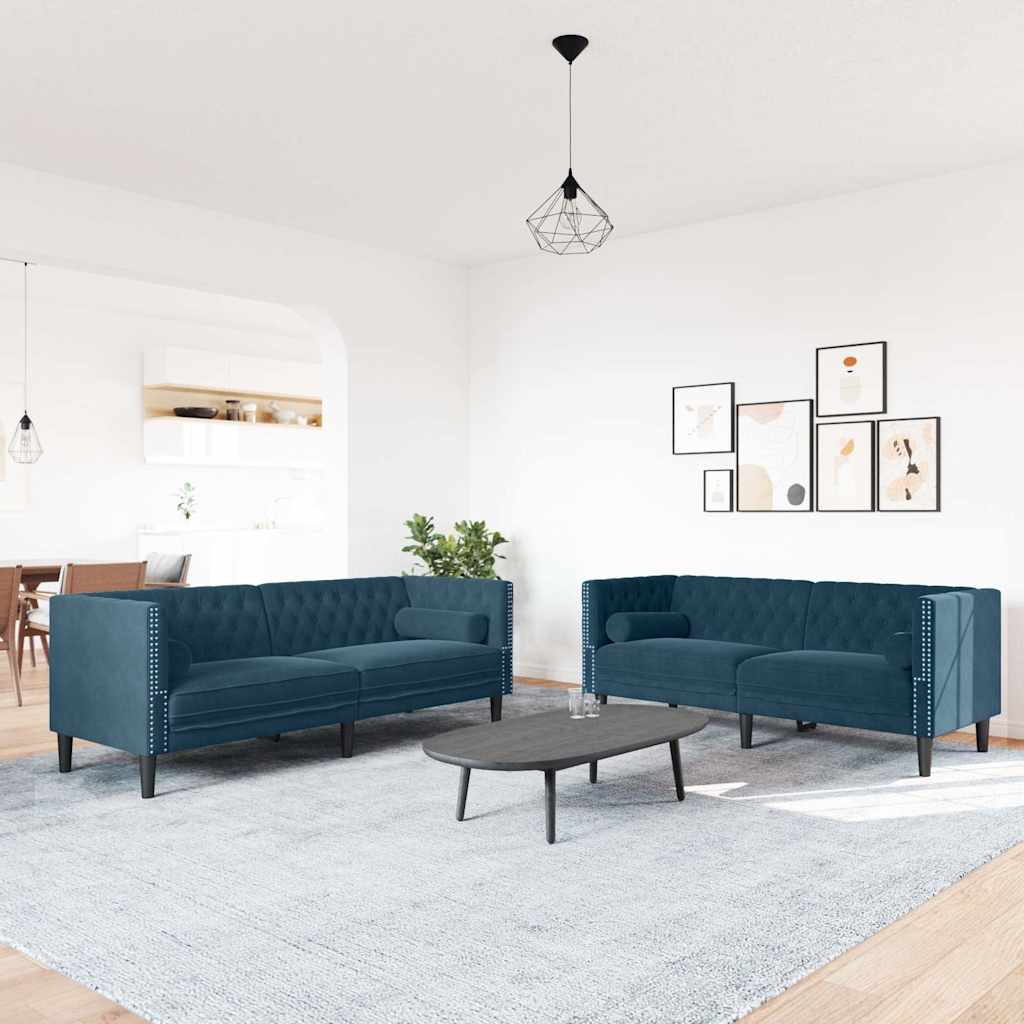2 Pcs conjunto de sofás chesterfield com rolos veludo azul
