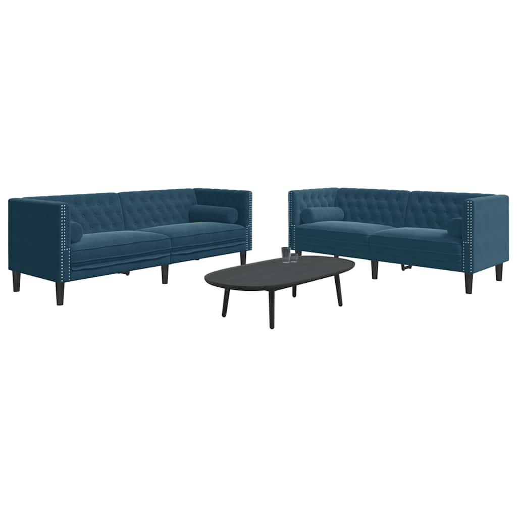 2 Pcs conjunto de sofás chesterfield com rolos veludo azul