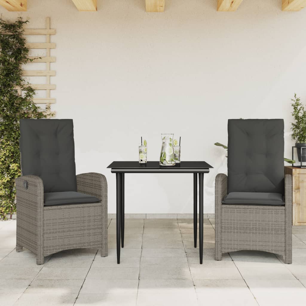 3 Pcs conjunto de jantar p/ jardim c/ almofadões vime PE cinza