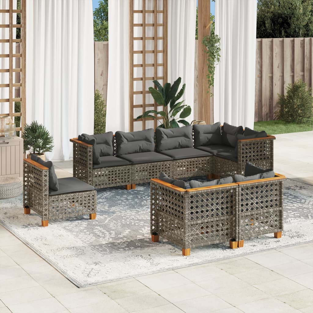 8 Pcs conjunto sofás de jardim c/ almofadões vime PE cinzento