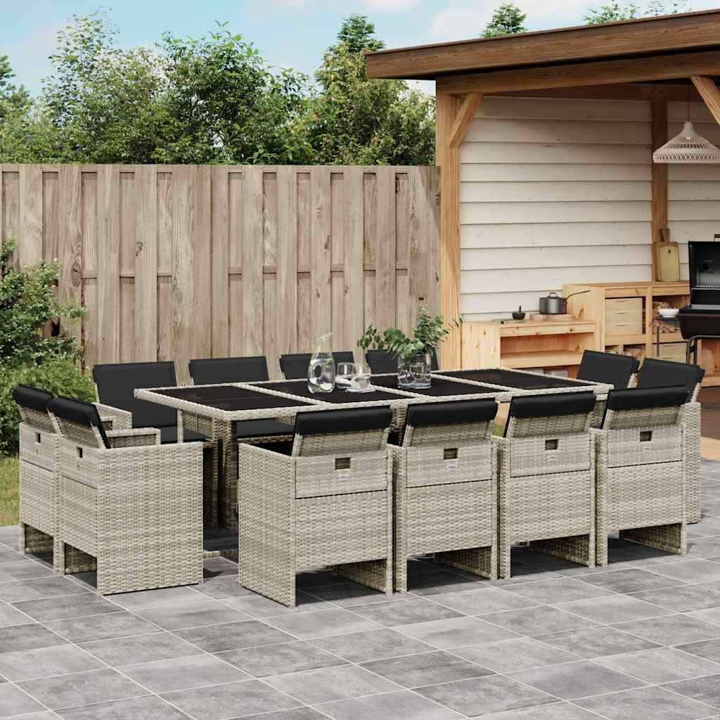 13 Pcs conj. jantar jardim c/ almofadões vime PE cinzento-claro
