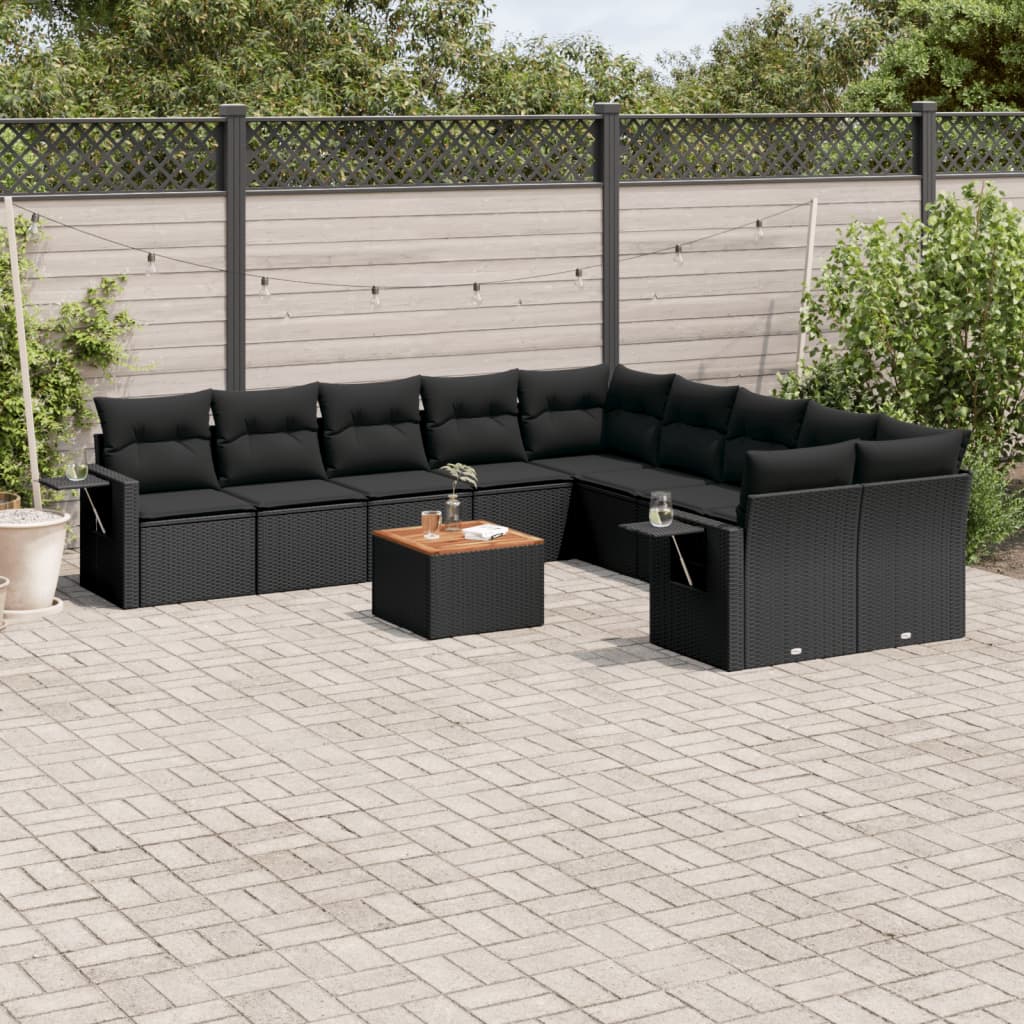 11 Pcs conjunto sofás de jardim c/ almofadões vime PE preto