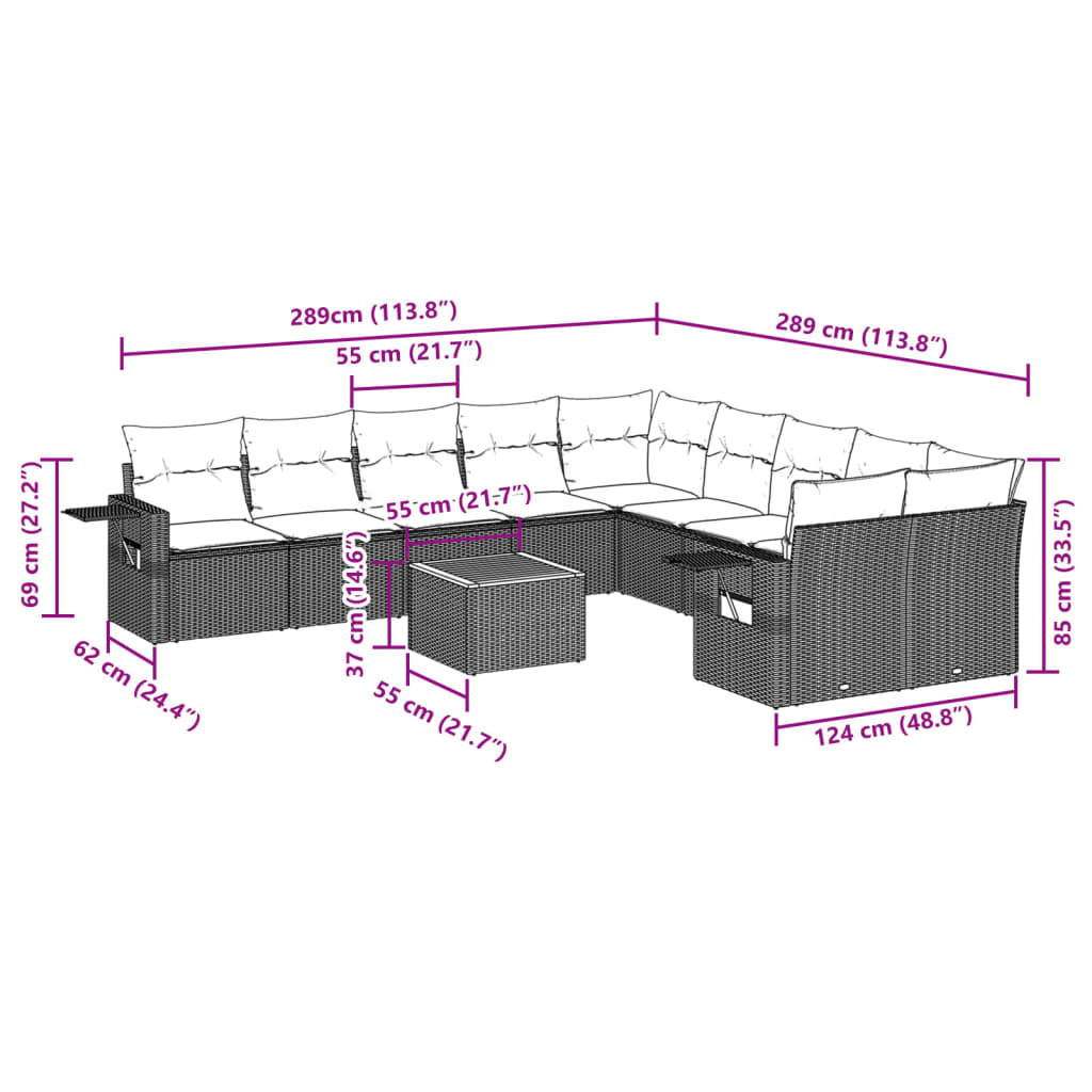 11 Pcs conjunto sofás de jardim c/ almofadões vime PE preto
