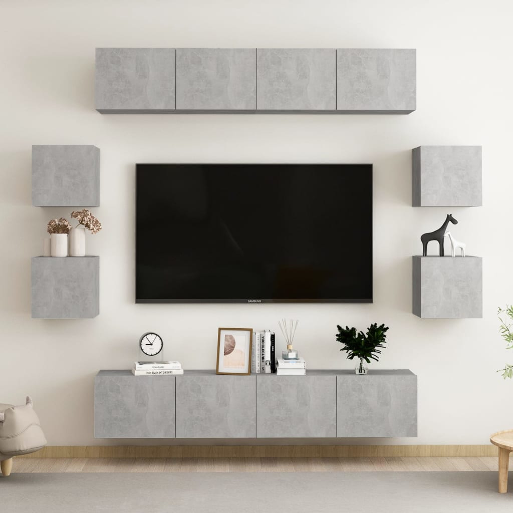 8 Pcs conjunto de móveis de TV contraplacado cinzento cimento