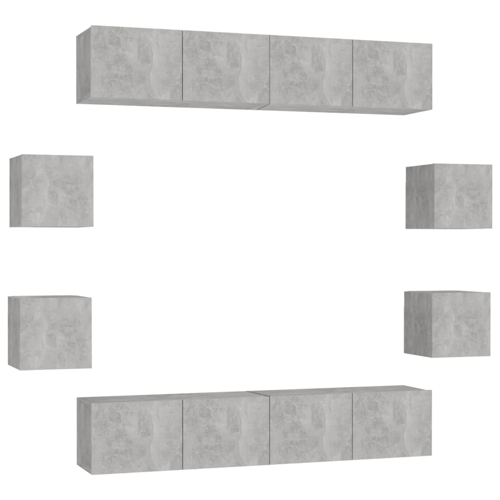 8 Pcs conjunto de móveis de TV contraplacado cinzento cimento