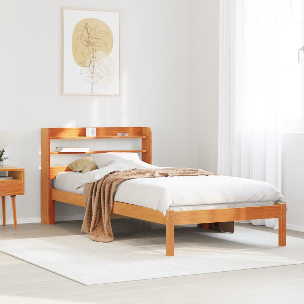 Estrutura cama c/ cabeceira 100x200cm pinho maciço castanho-mel