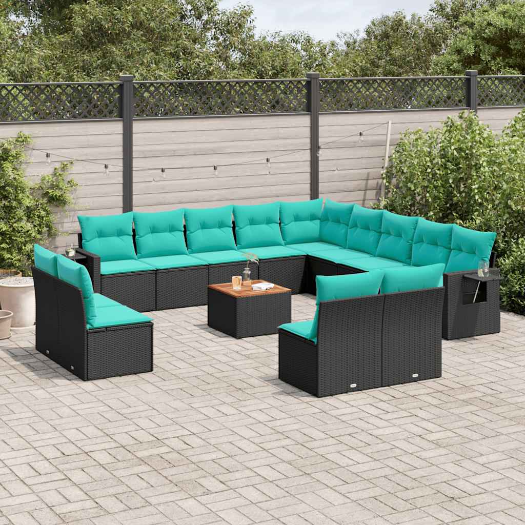 Conjunto de sofá de jardim com 14 peças e almofadas em rattan sintético preto