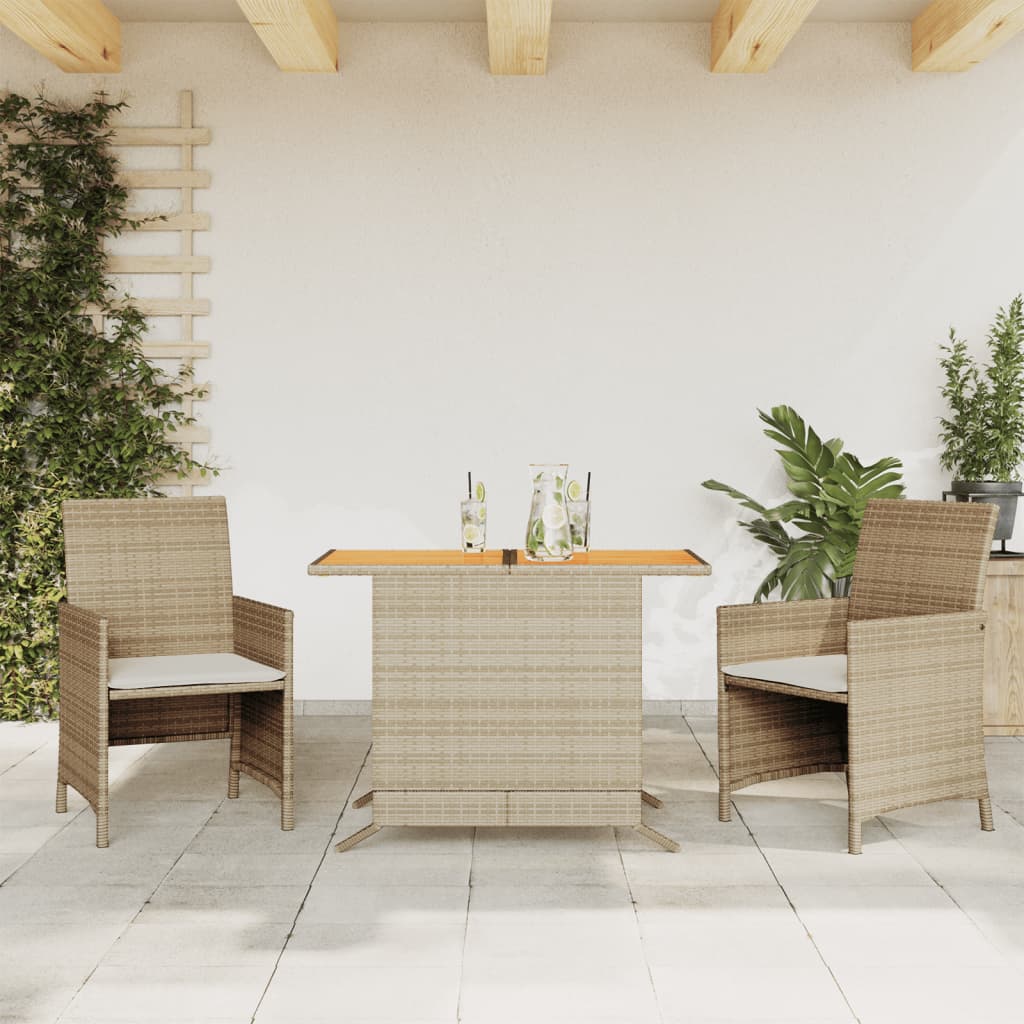 3 Pcs conjunto bistrô com almofadões vime PE bege