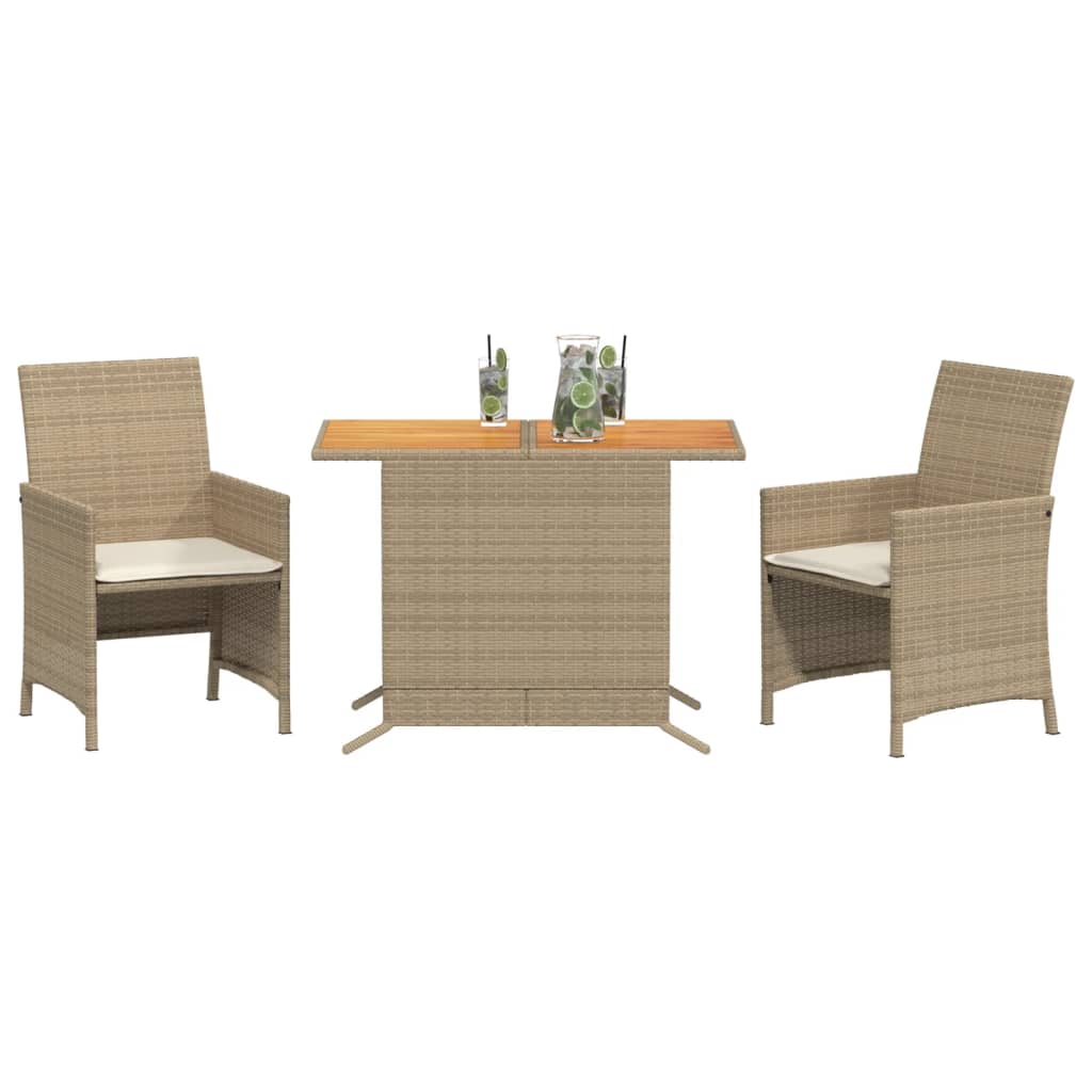 3 Pcs conjunto bistrô com almofadões vime PE bege
