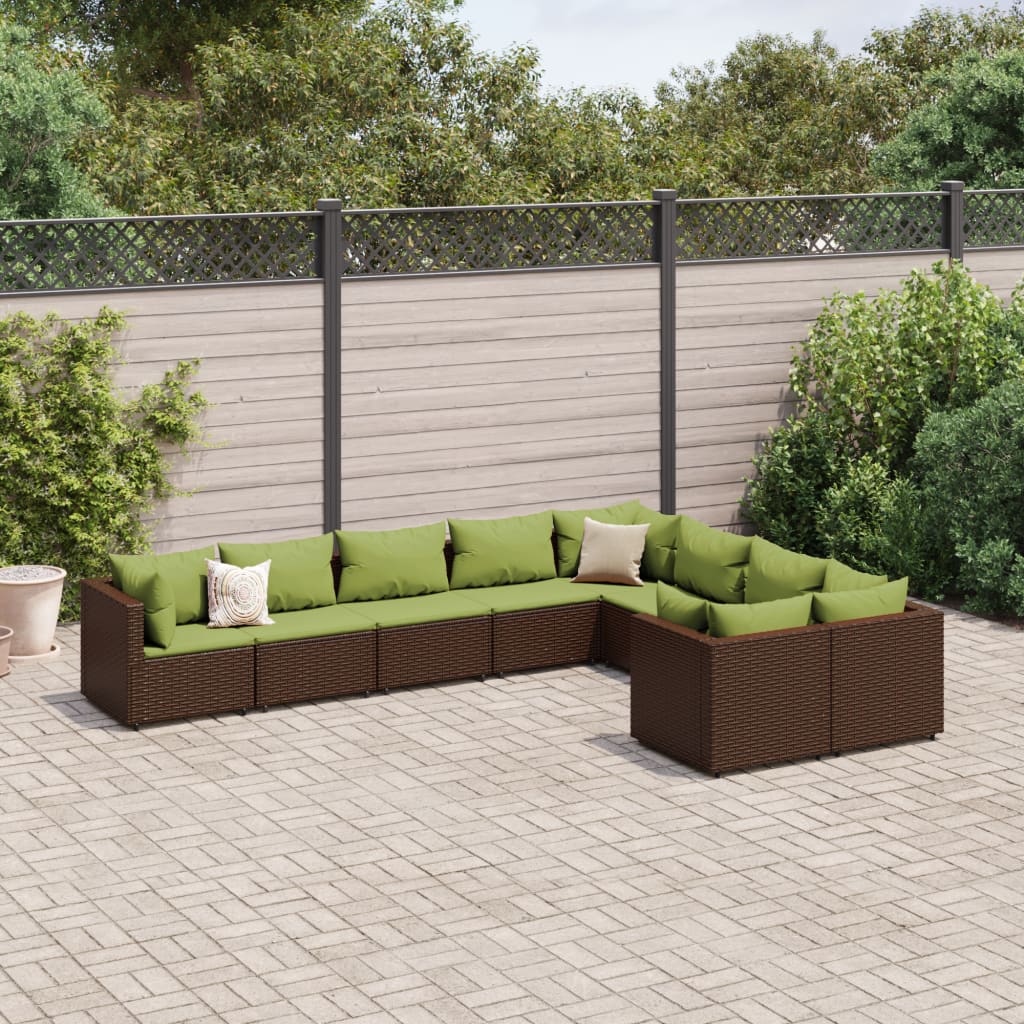 9 Pcs conjunto sofás p/ jardim c/ almofadões vime PE castanho