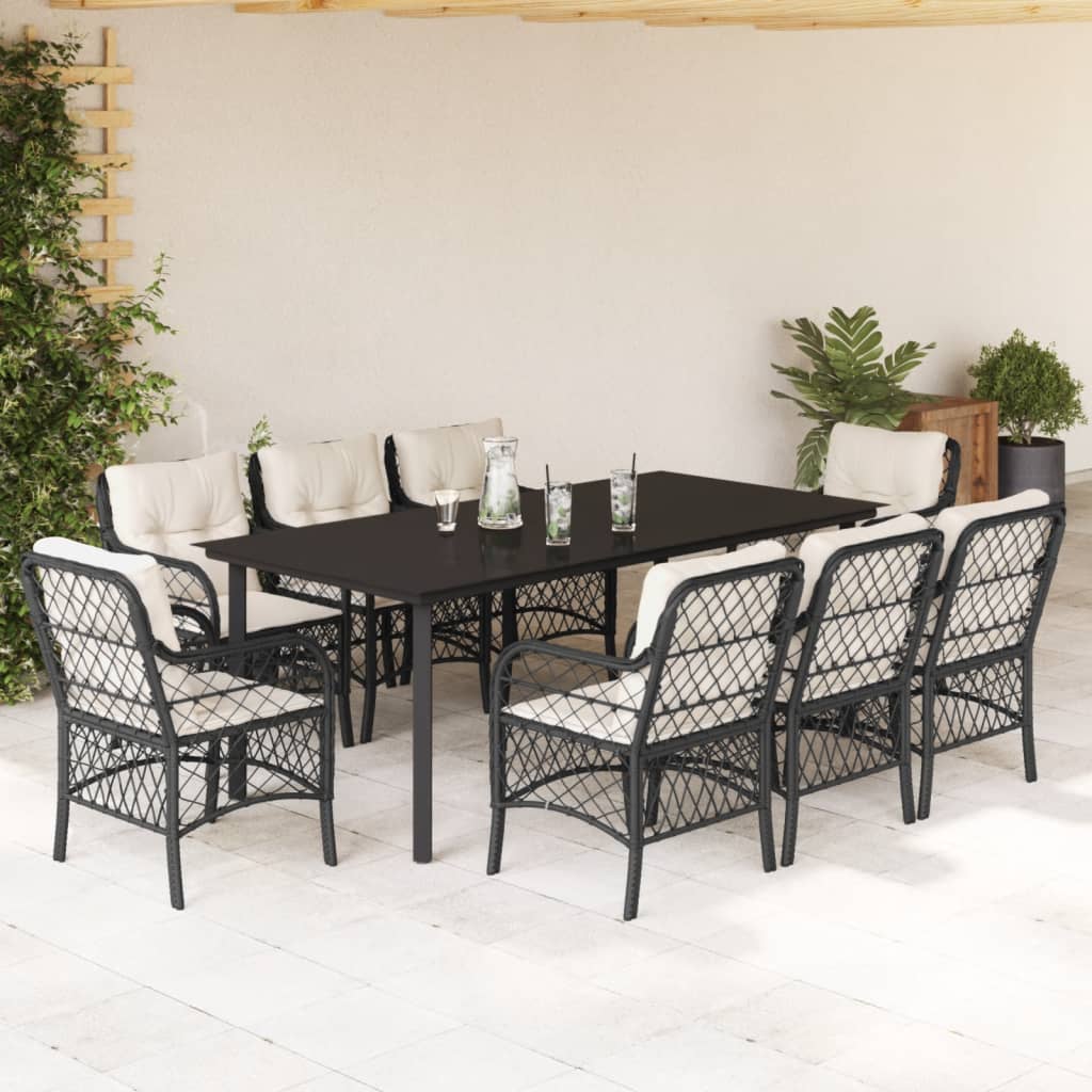 9 Pcs conjunto de jantar p/ jardim c/ almofadões vime PE preto