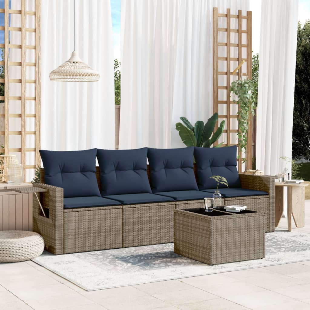 Conjunto de sofá de jardim de 5 peças com almofadas em rattan sintético cinza