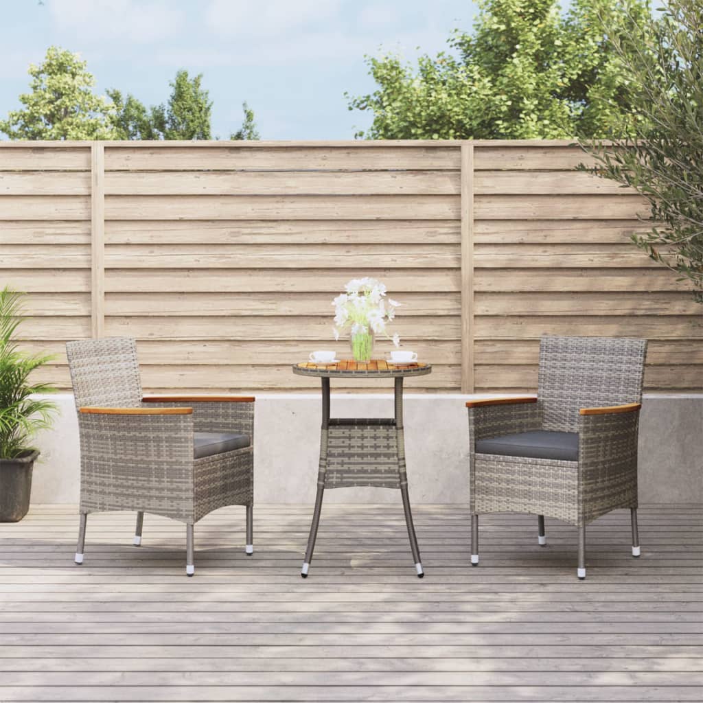3 Pcs conjunto bistrô de jardim c/ almofadões vime PE cinza