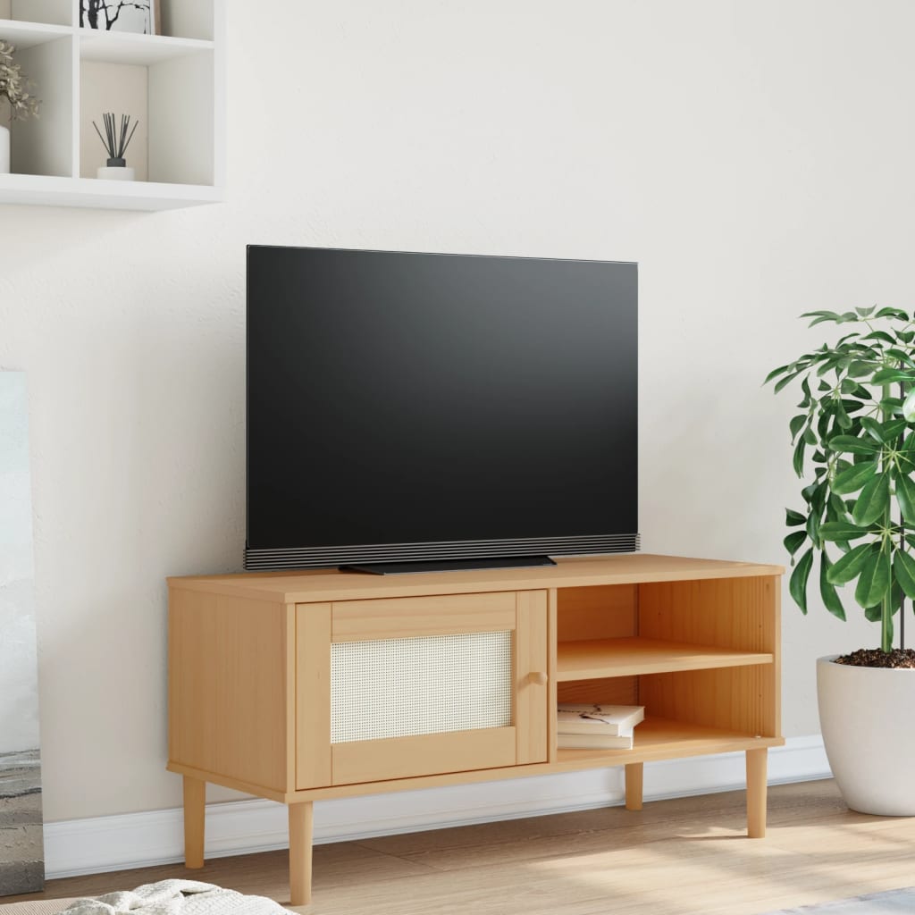 Móvel de TV senja aspeto vime 106x40x49cm pinho maciço castanho