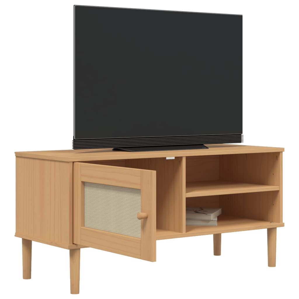 Móvel de TV senja aspeto vime 106x40x49cm pinho maciço castanho