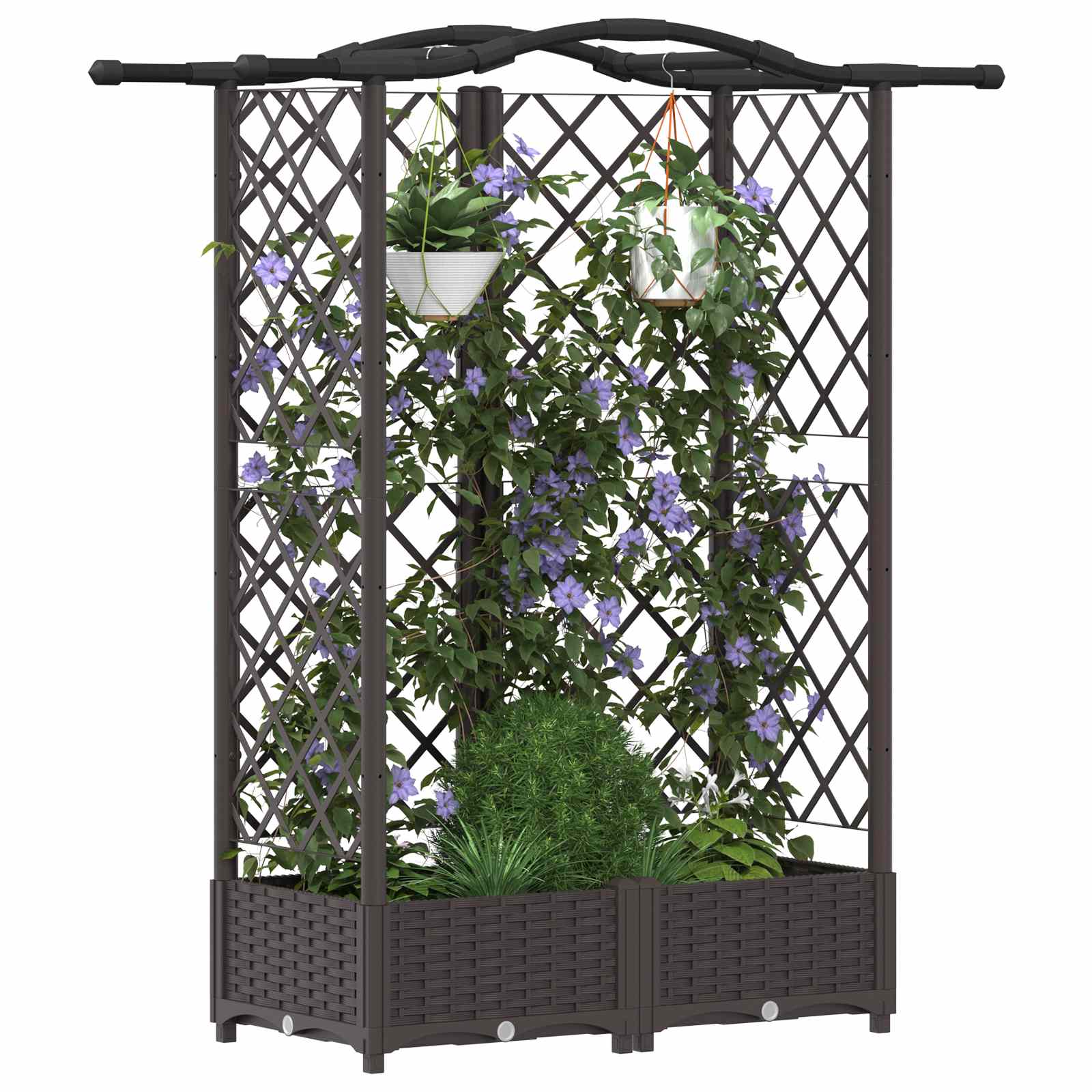 Cama elevada com treliça e telhado castanho 124 x 40 x 123 cm