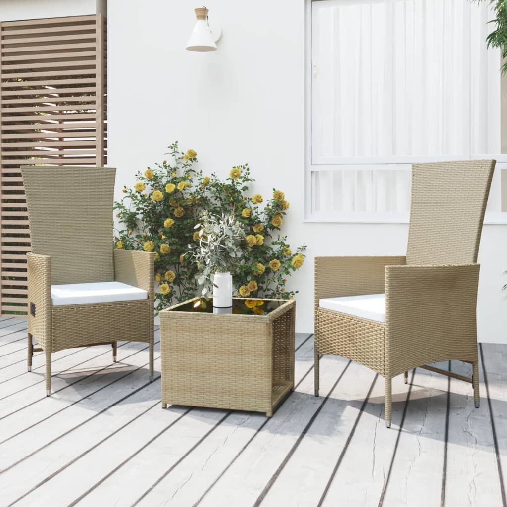 3 Pcs conjunto lounge para jardim vime PE e aço bege