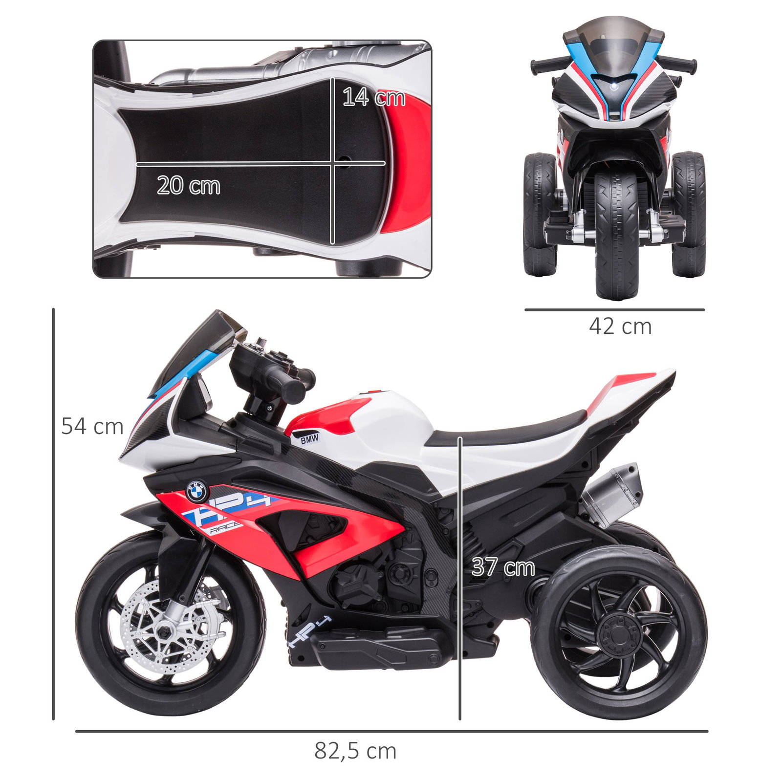 Mota elétrica bmw hp4 pcom música USB velocidade 2,5km/h avance e retrocesso 82,5x42x54cm vermelha