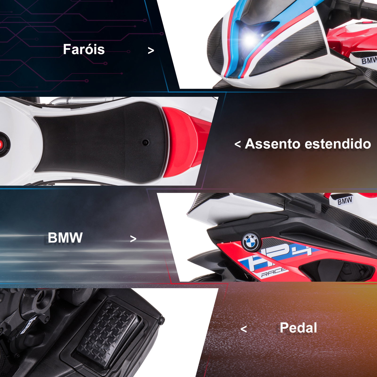 Mota elétrica bmw hp4 pcom música USB velocidade 2,5km/h avance e retrocesso 82,5x42x54cm vermelha