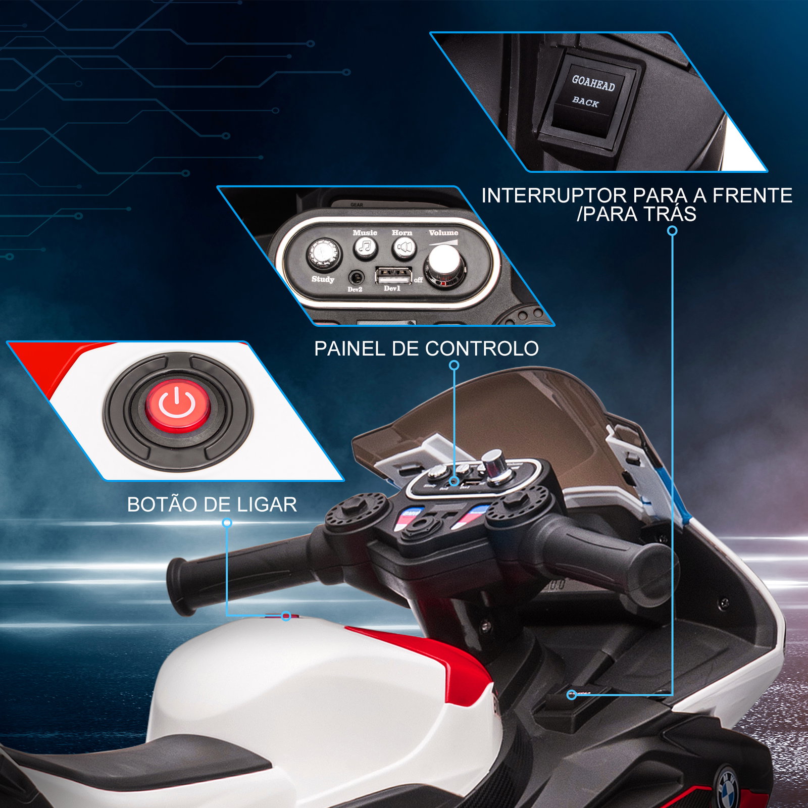 Mota elétrica bmw hp4 pcom música USB velocidade 2,5km/h avance e retrocesso 82,5x42x54cm vermelha