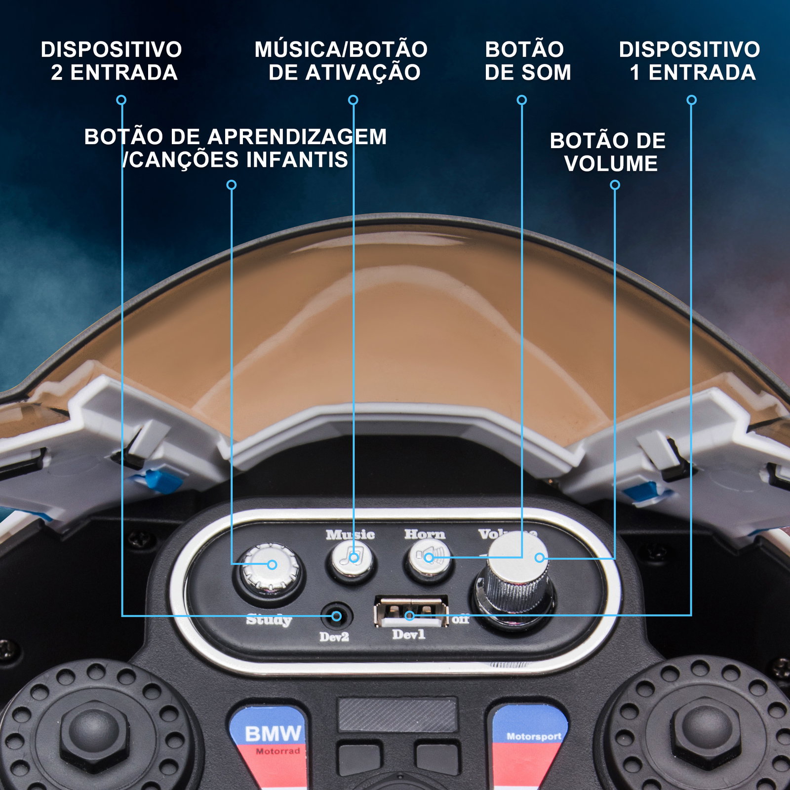 Mota elétrica bmw hp4 pcom música USB velocidade 2,5km/h avance e retrocesso 82,5x42x54cm vermelha