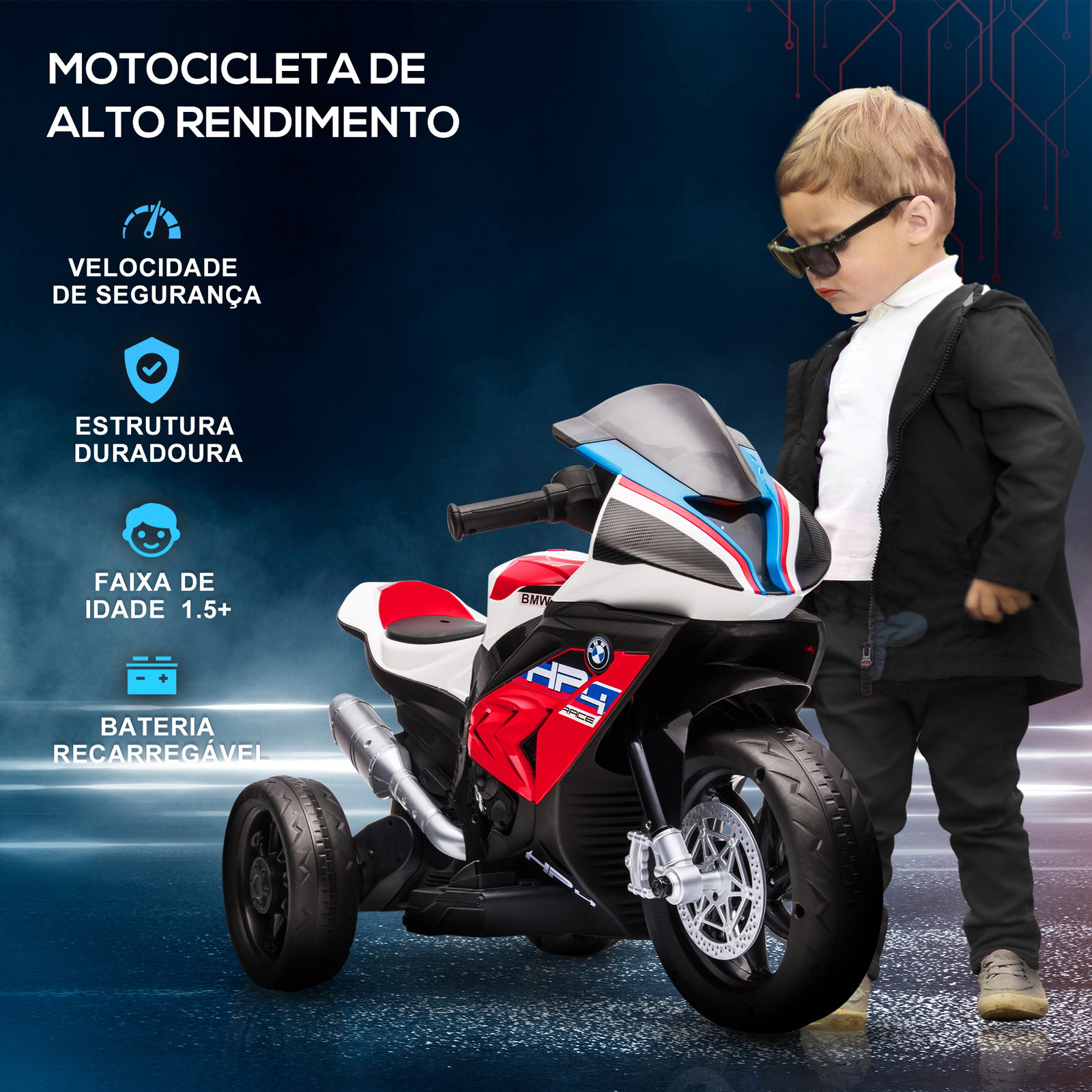 Mota elétrica bmw hp4 pcom música USB velocidade 2,5km/h avance e retrocesso 82,5x42x54cm vermelha