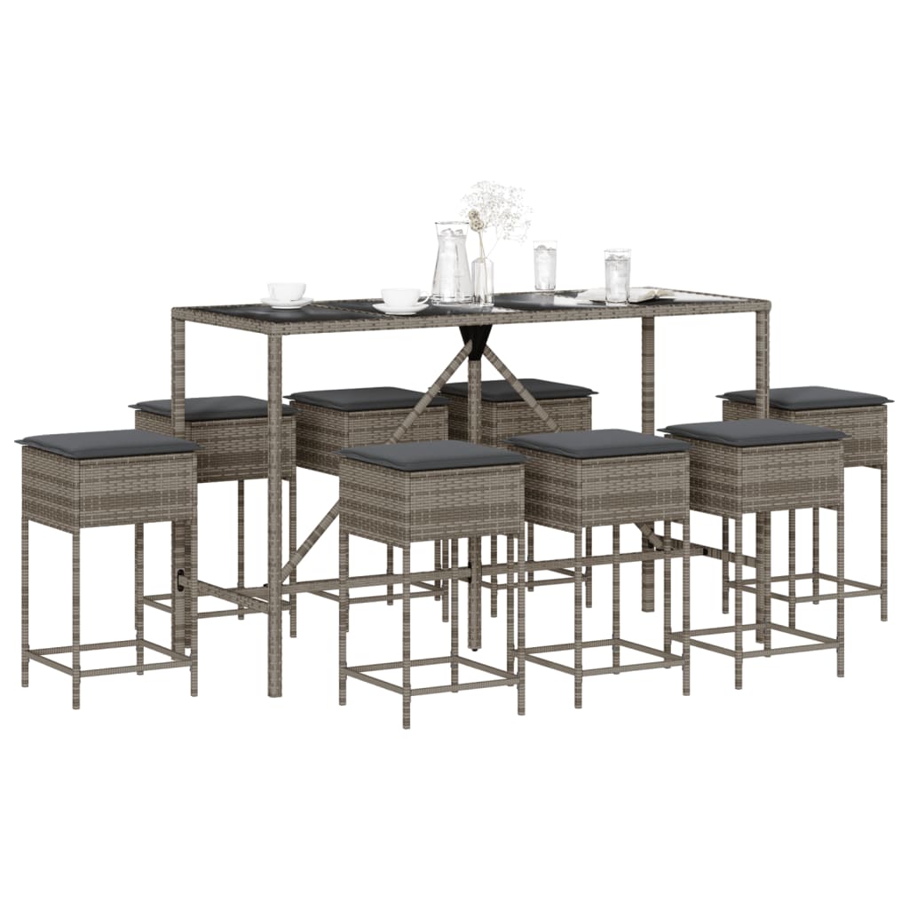 9 Pcs conjunto de bar p/ jardim c/ almofadões vime PE cinzento