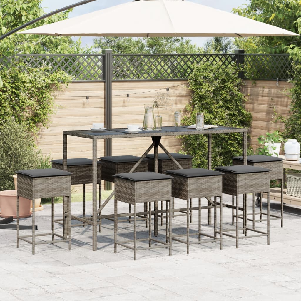9 Pcs conjunto de bar p/ jardim c/ almofadões vime PE cinzento