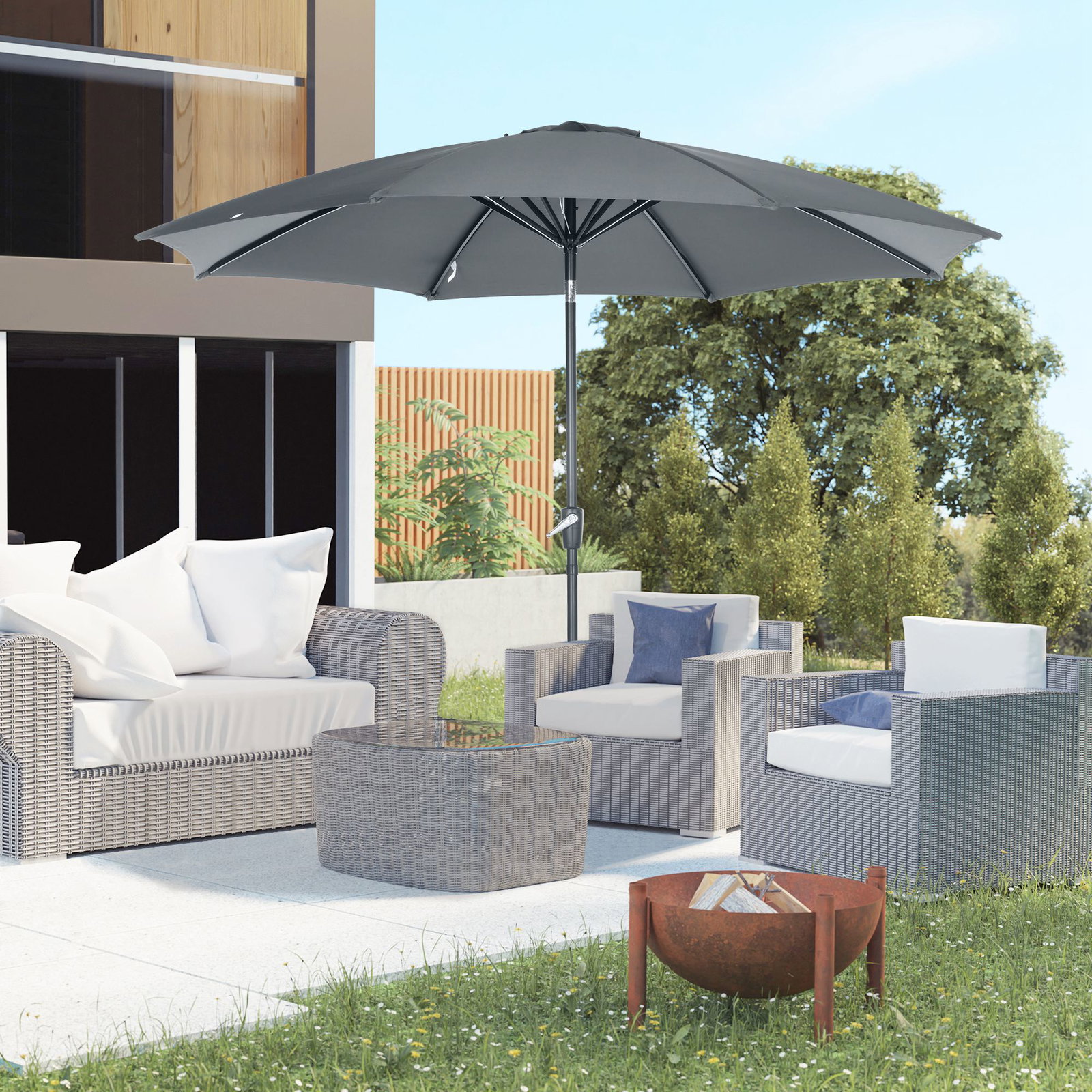 Chapéu de sol a manivela com teto inclinável e 8 hastes de metal para pátio varanda exterior ø300x240 cm cinza
