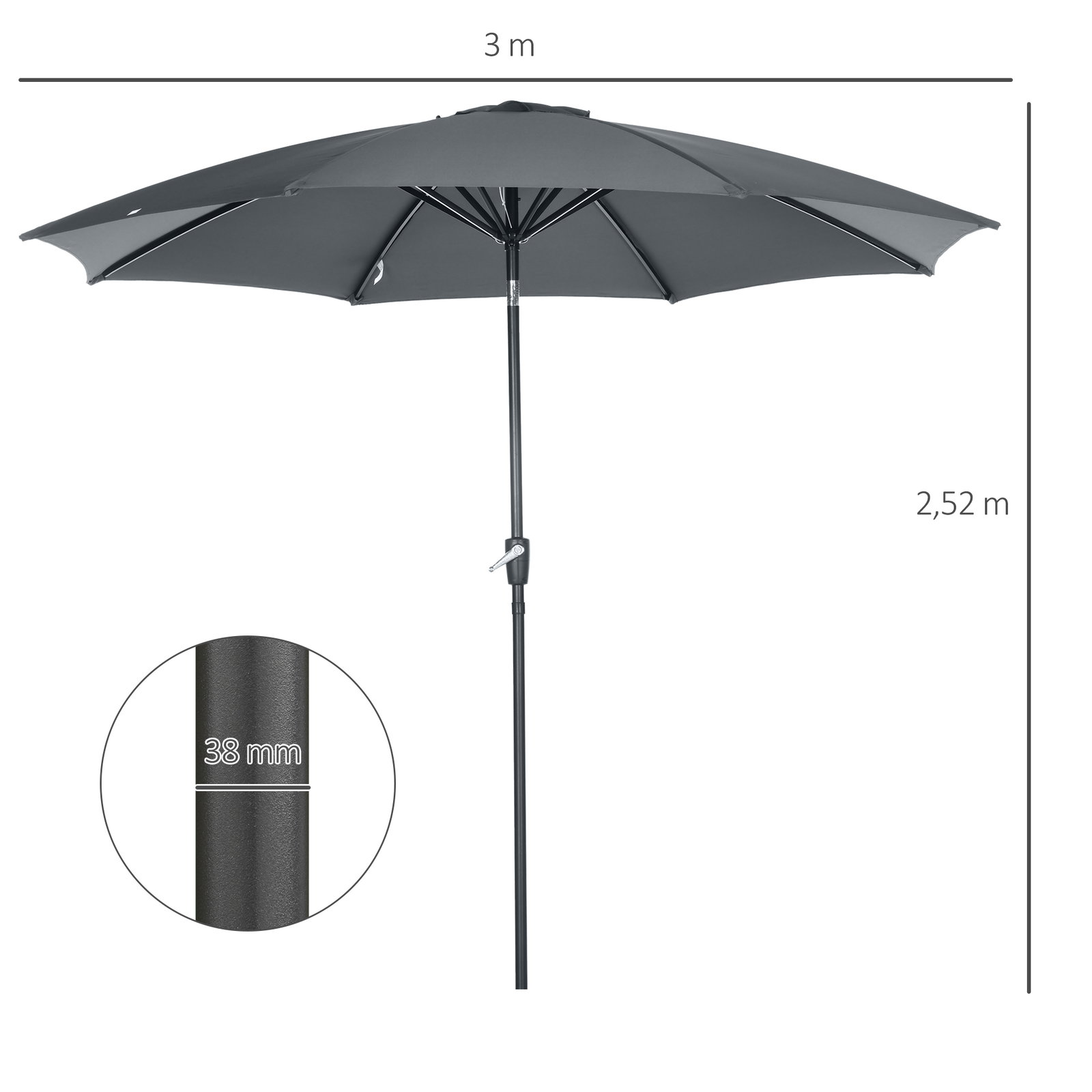 Chapéu de sol a manivela com teto inclinável e 8 hastes de metal para pátio varanda exterior ø300x240 cm cinza