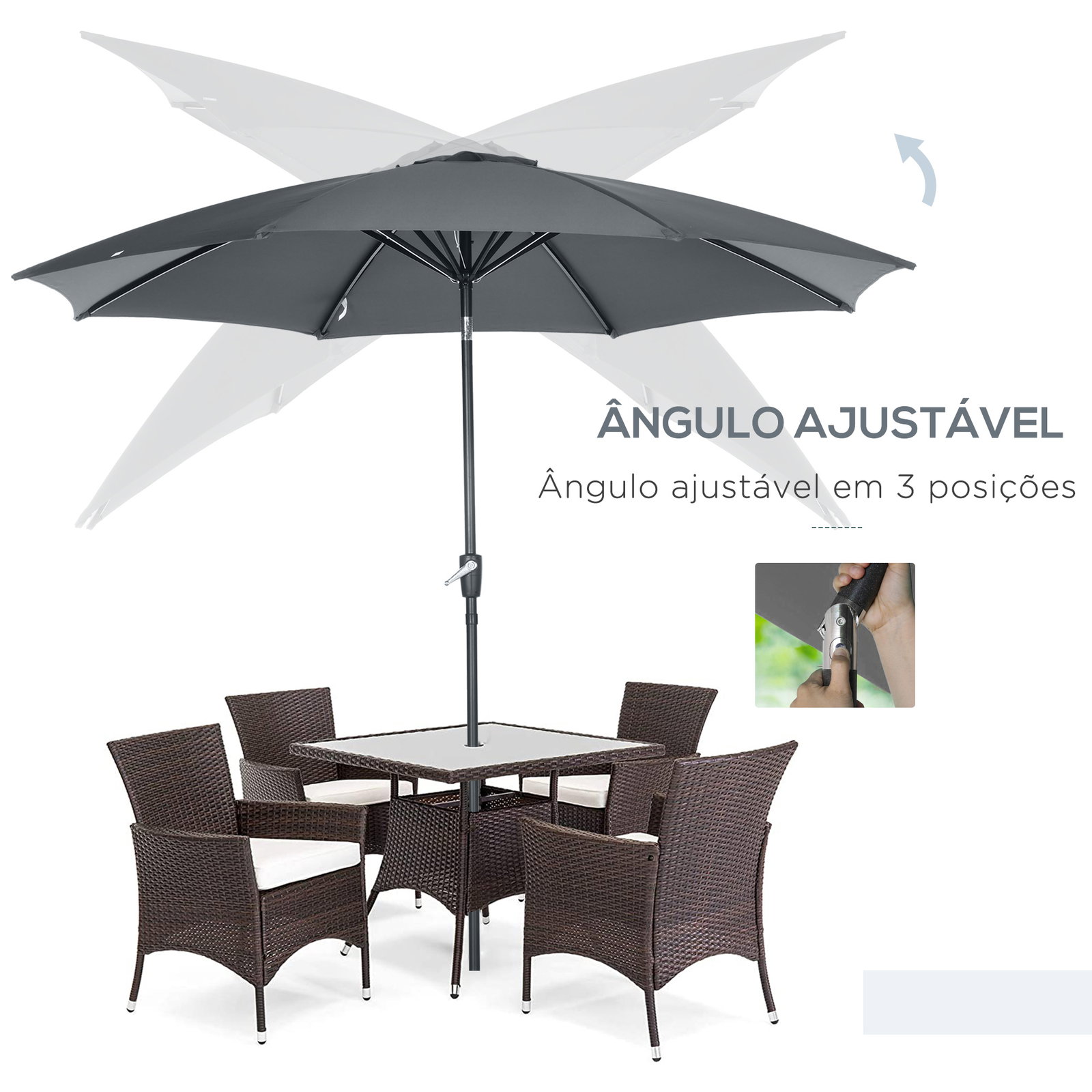 Chapéu de sol a manivela com teto inclinável e 8 hastes de metal para pátio varanda exterior ø300x240 cm cinza