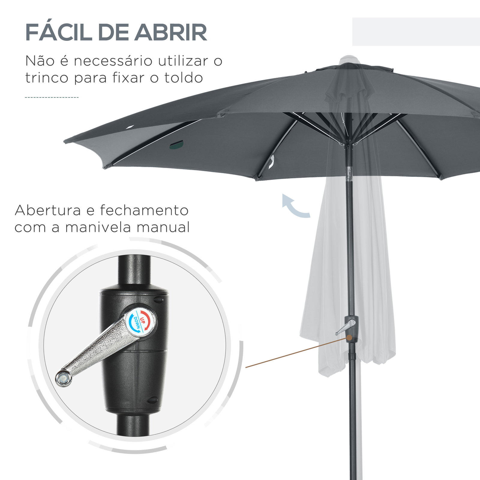 Chapéu de sol a manivela com teto inclinável e 8 hastes de metal para pátio varanda exterior ø300x240 cm cinza