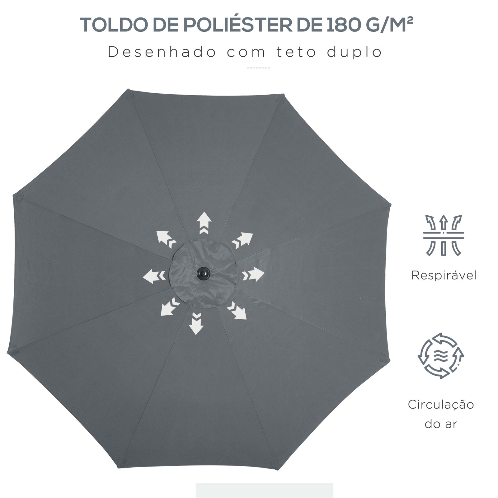 Chapéu de sol a manivela com teto inclinável e 8 hastes de metal para pátio varanda exterior ø300x240 cm cinza