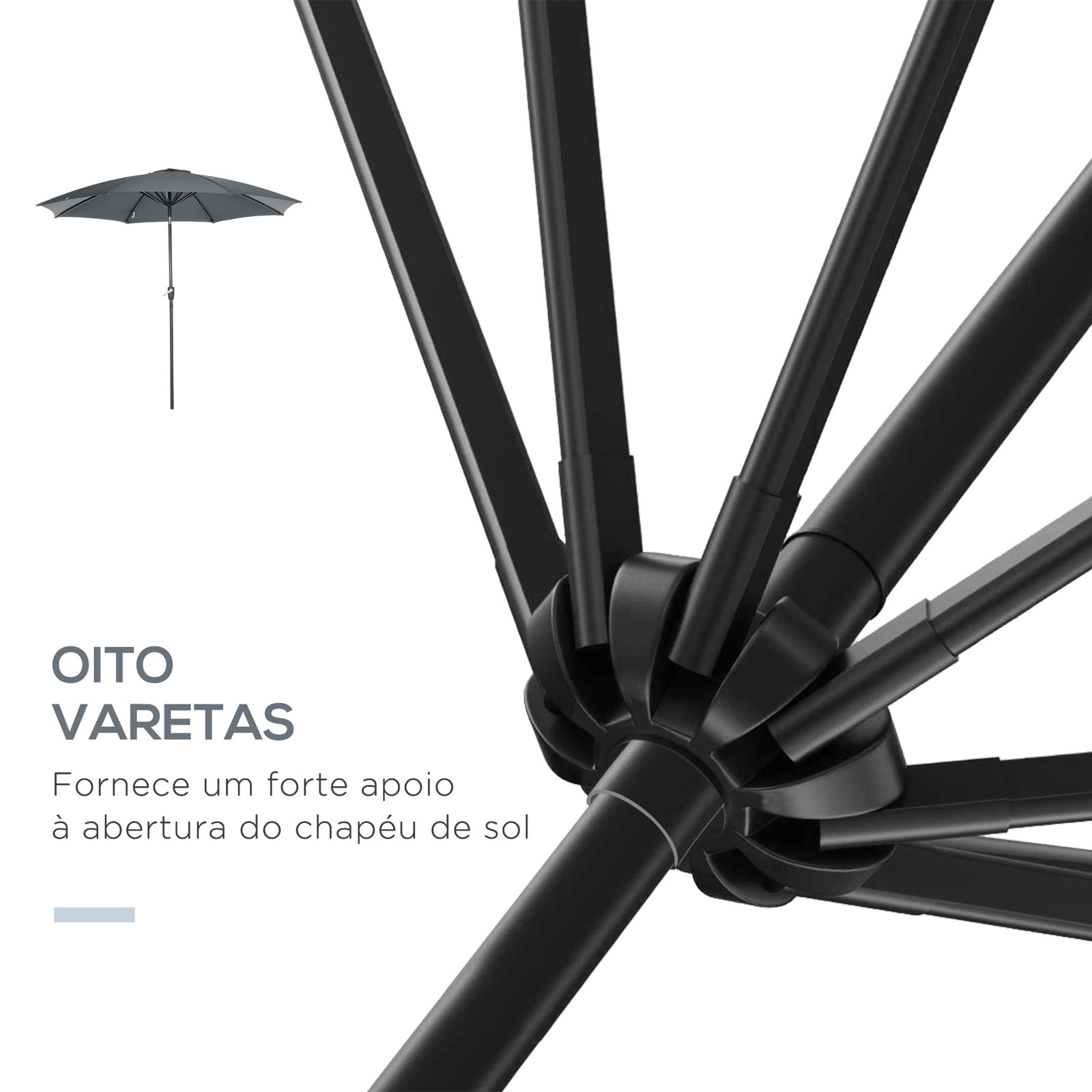 Chapéu de sol a manivela com teto inclinável e 8 hastes de metal para pátio varanda exterior ø300x240 cm cinza