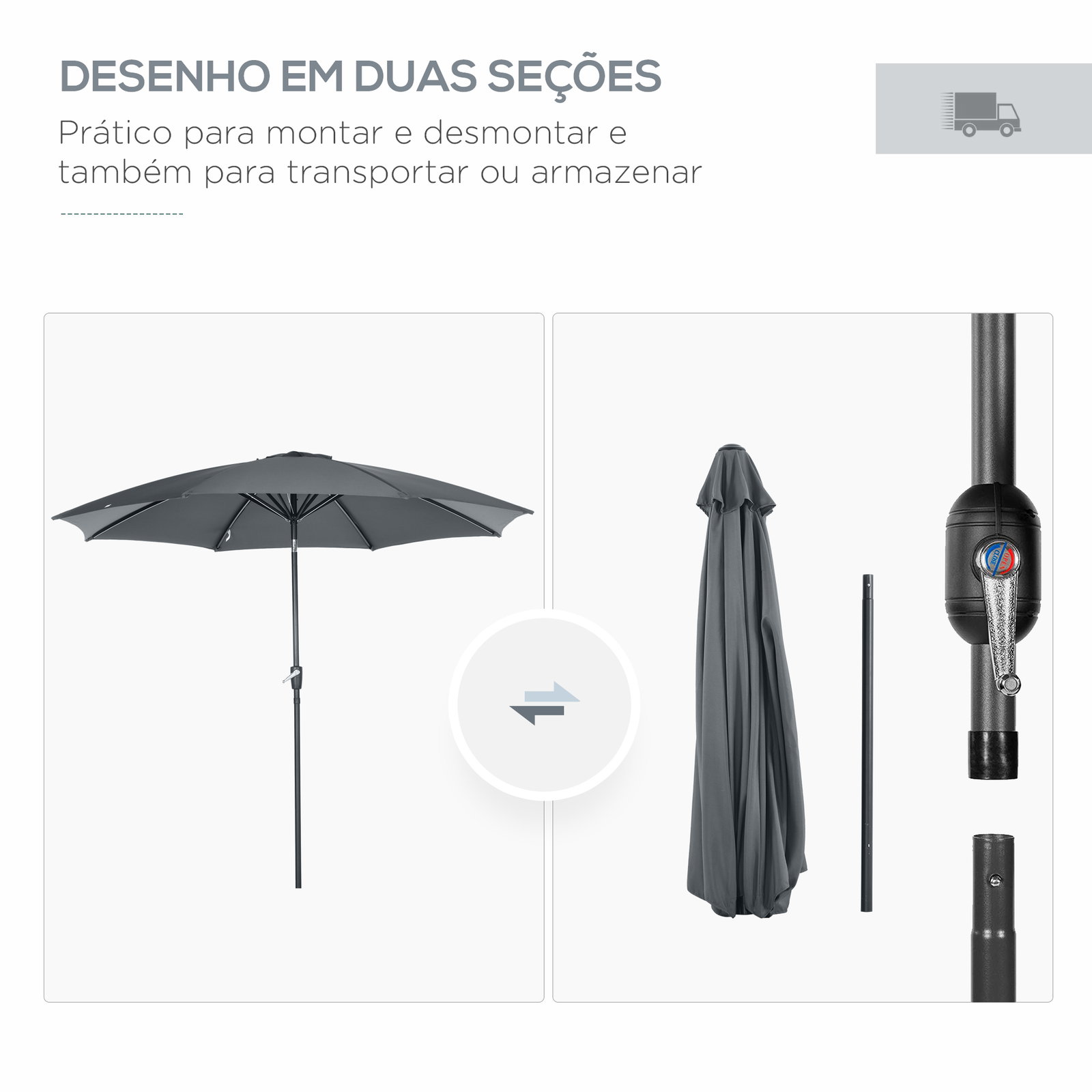 Chapéu de sol a manivela com teto inclinável e 8 hastes de metal para pátio varanda exterior ø300x240 cm cinza