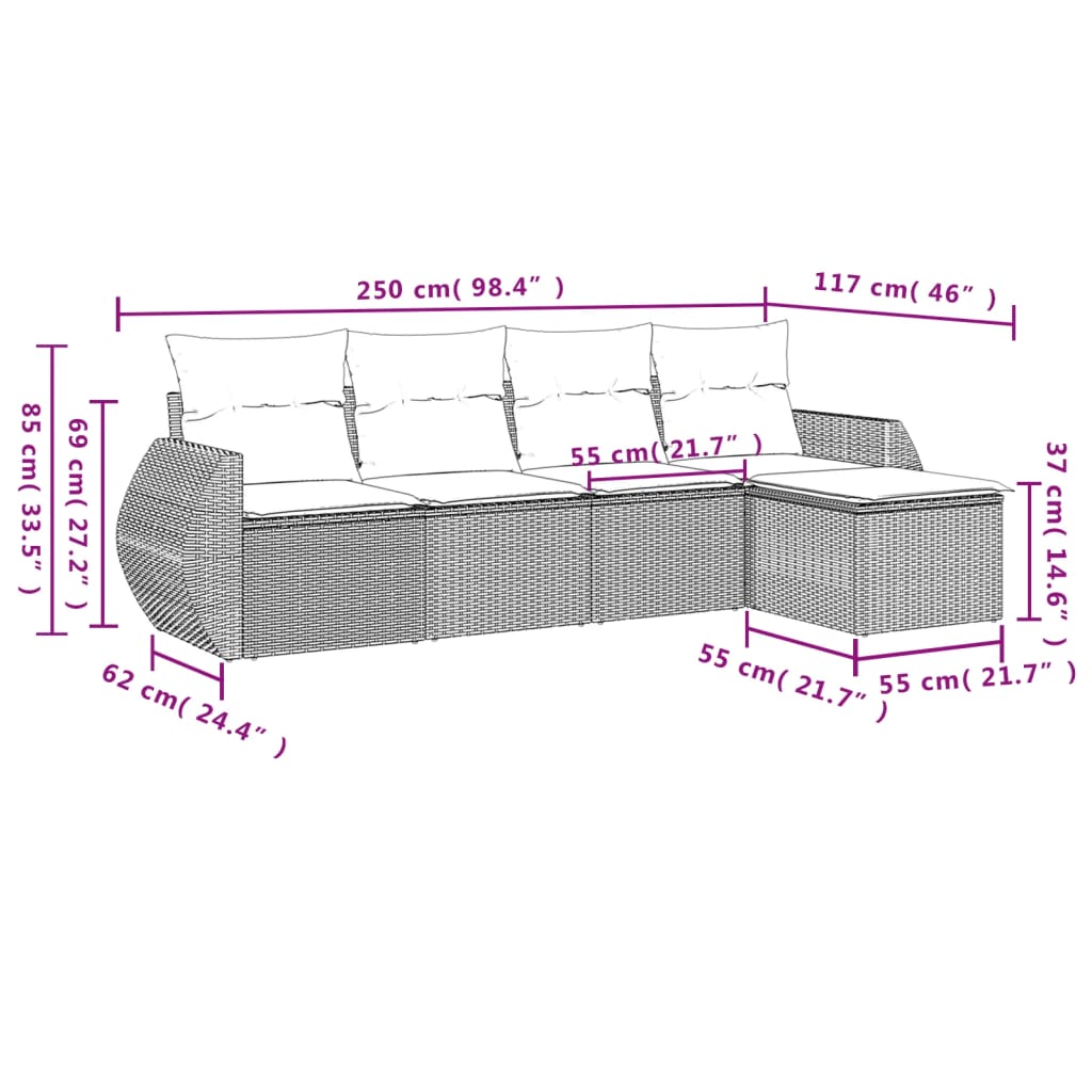 5 Pcs conjunto de sofás p/ jardim com almofadões vime PE bege