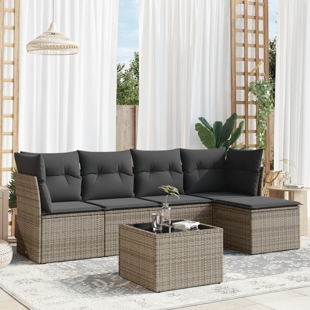 6 Pcs conjunto sofás de jardim com almofadões vime cinzento