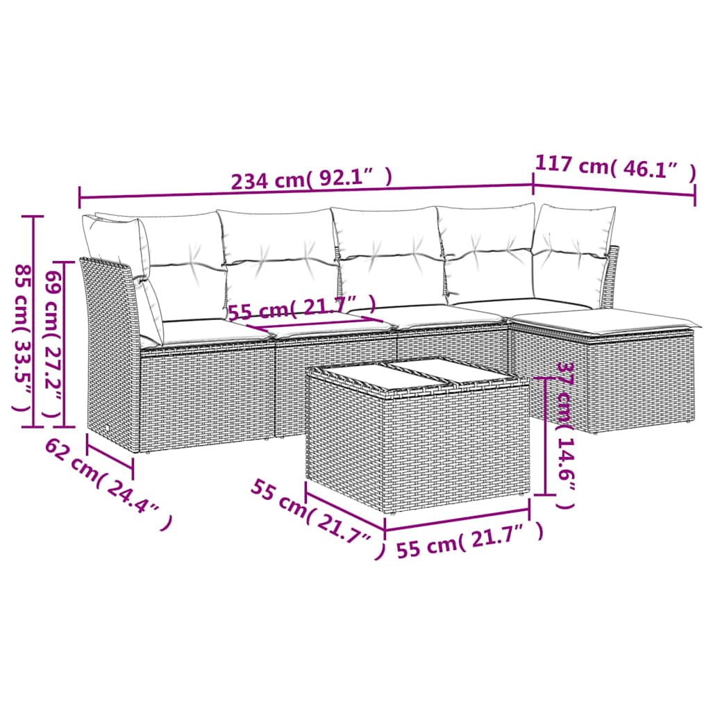 6 Pcs conjunto sofás de jardim com almofadões vime cinzento