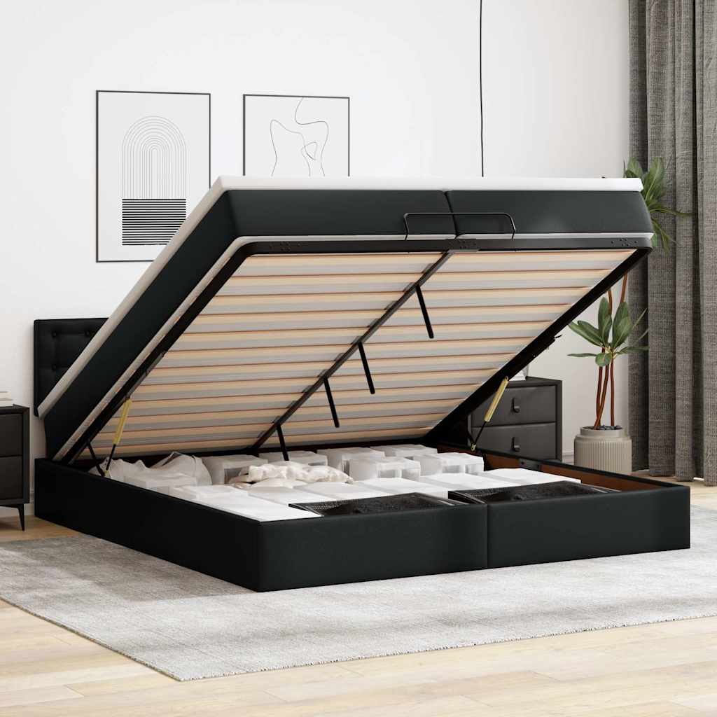 Estrutura de cama otomana com colchões pele artificial preta