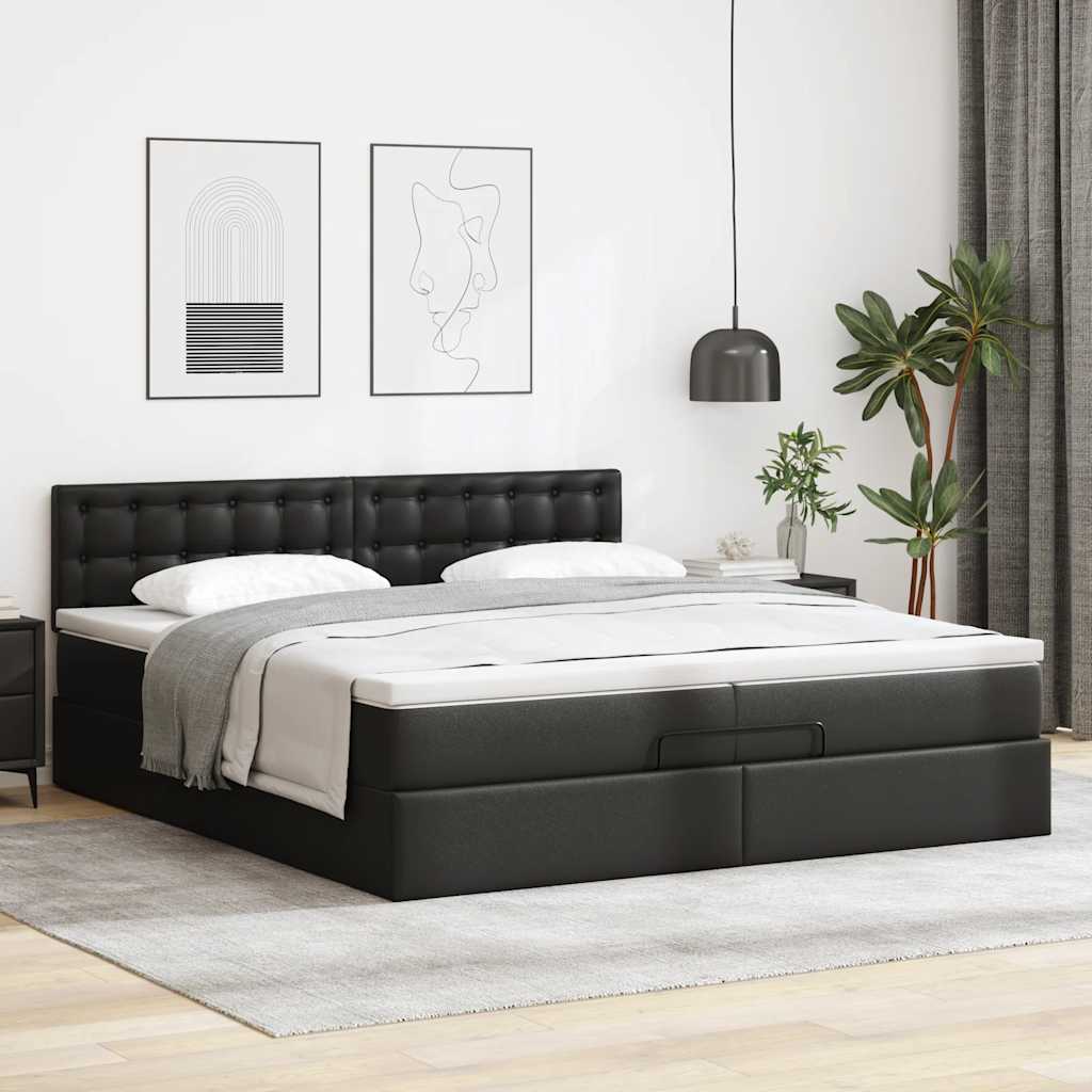 Estrutura de cama otomana com colchões pele artificial preta