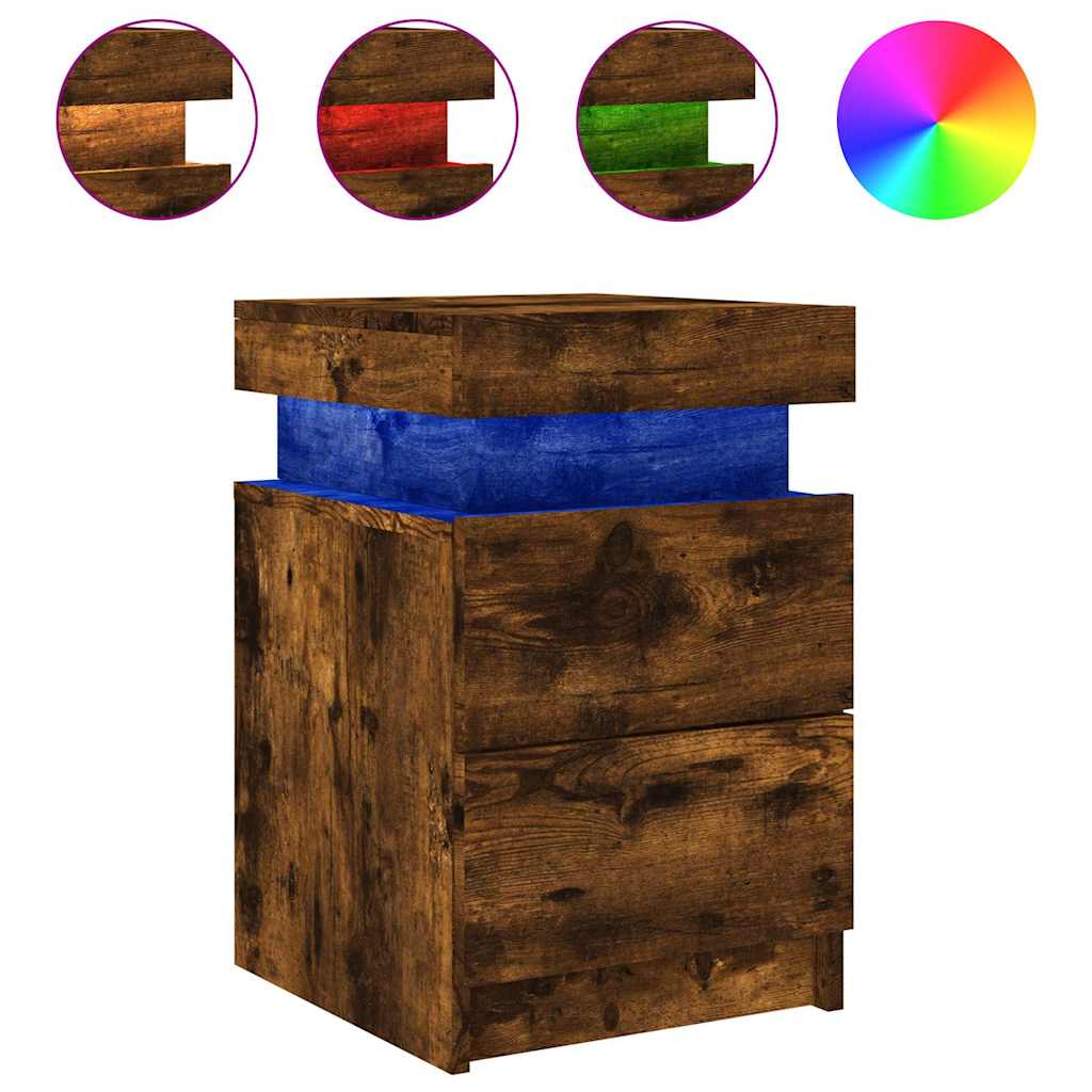 Mesa de cabeceira com luzes LED 35x39x55 cm carvalho fumado